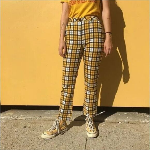 Unif Yellow & White Dawson Plaid High Waisted Cropped Straight Cotton Pants 24 - Picture 1 of 9